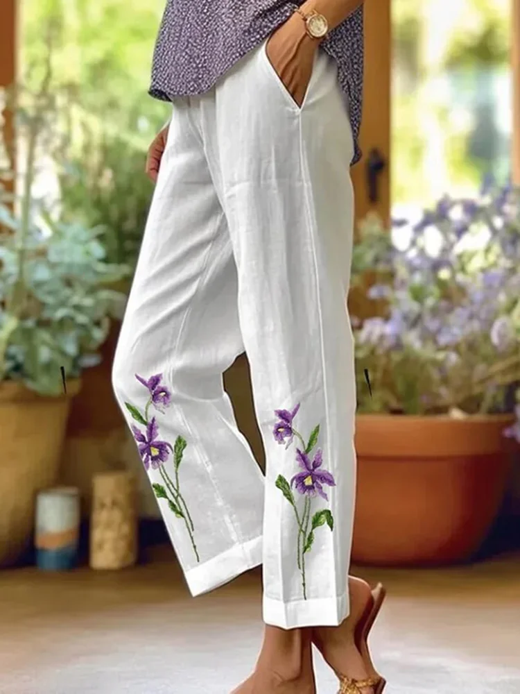 Women Floral Long Pants Casual Spring/Fall Trousers