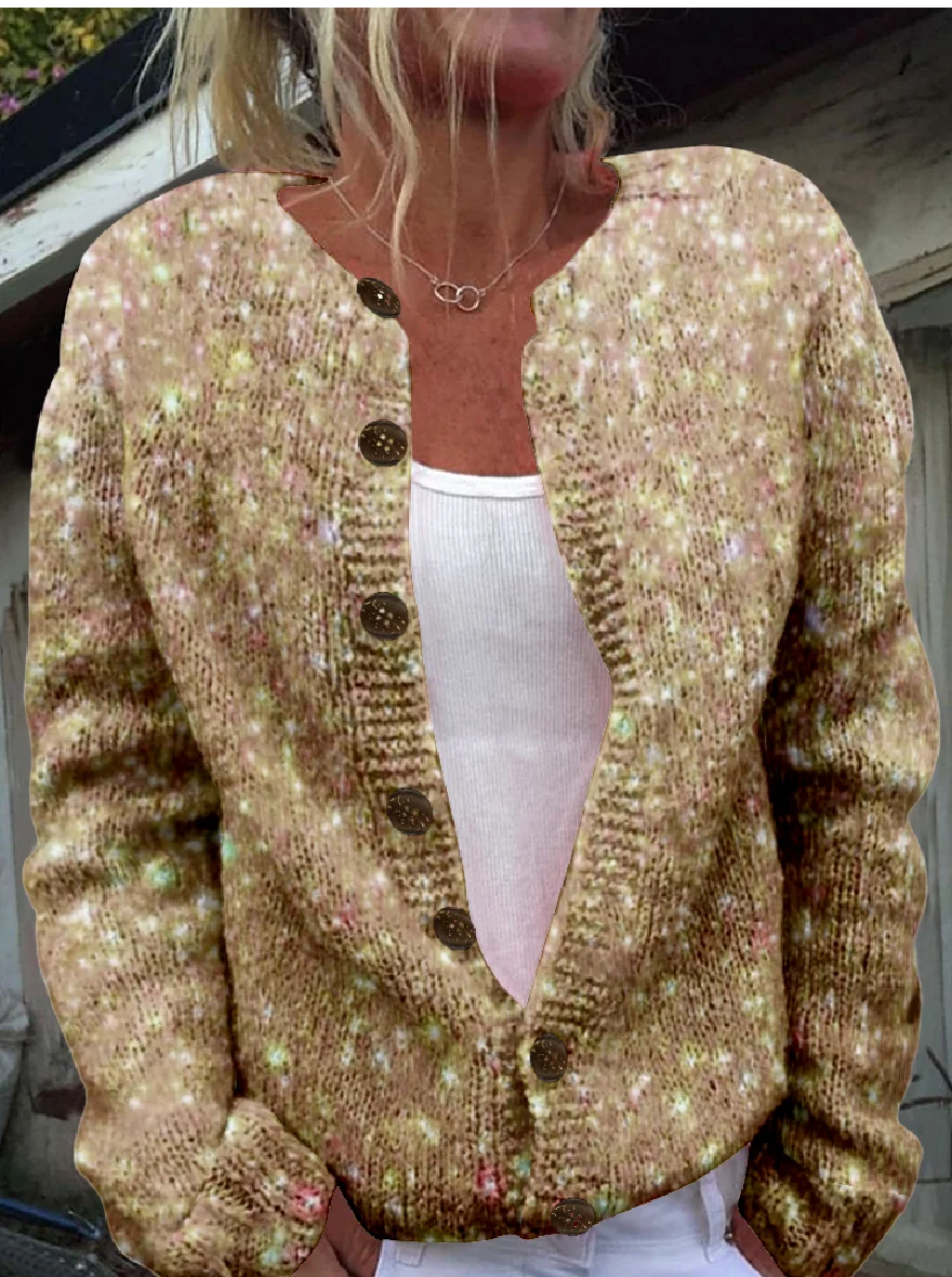 Women Knitted 3D Sequin Printing Long Sleeve Comfy Vintage Cardigan