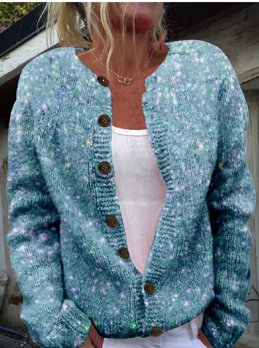Women Knitted 3D Sequin Printing Long Sleeve Comfy Vintage Cardigan