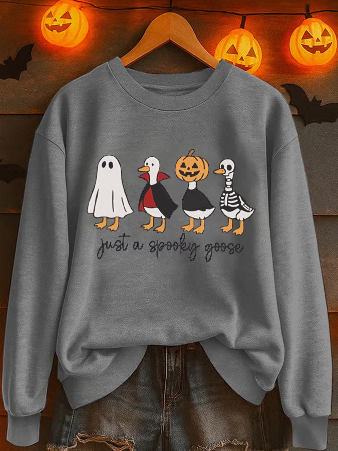 Halloween Just A Spooky Goose Print Crew Neck Comfy Sweatshirt