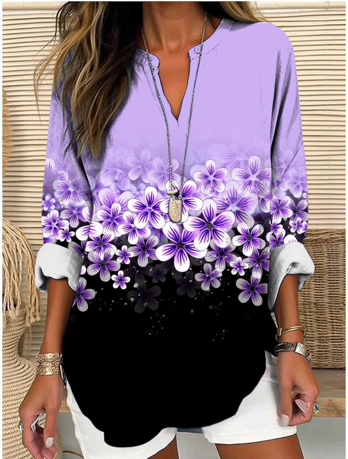 Shawl Collar Half Sleeve Floral Regular Loose Blouse For Women
