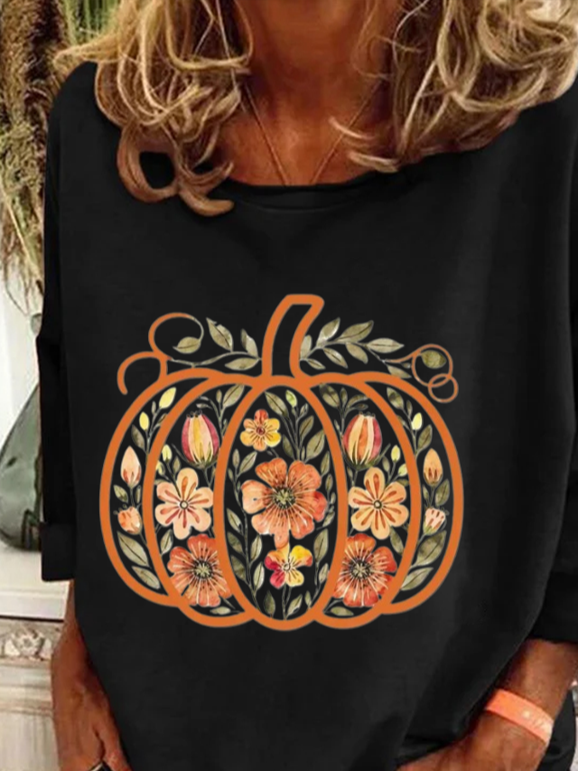 Halloween Pumpkin Print Casual Floral Crew Neck Long Sleeve T-shirt