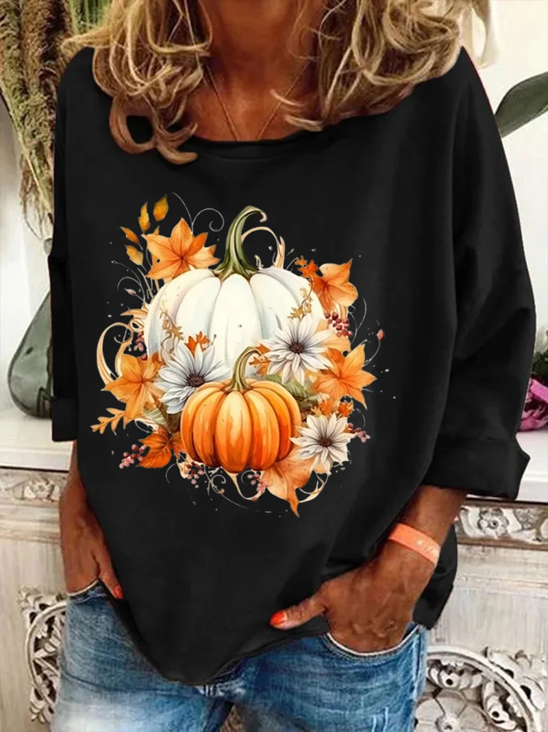 Halloween Pumpkin Print Sweatshirt Casual Floral Crew Neck Long Sleeve T-shirt