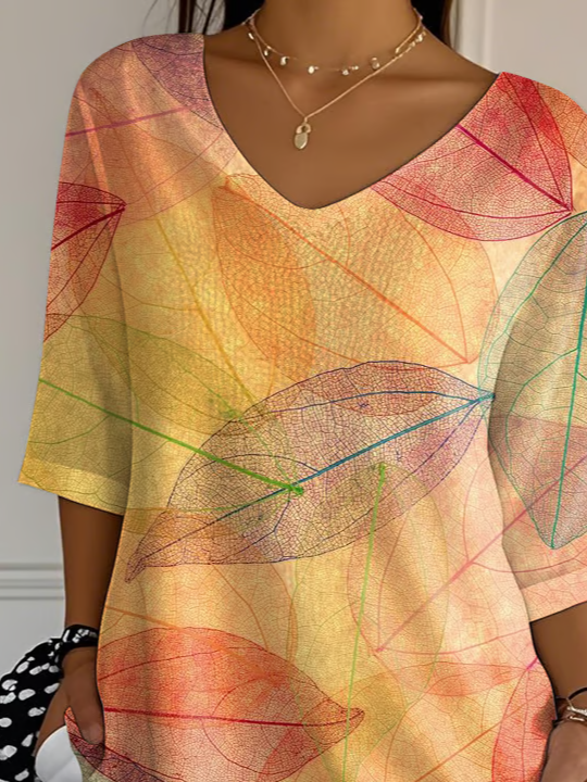 Casual Leaf V Neck Three Quarter Sleeve T-shirt