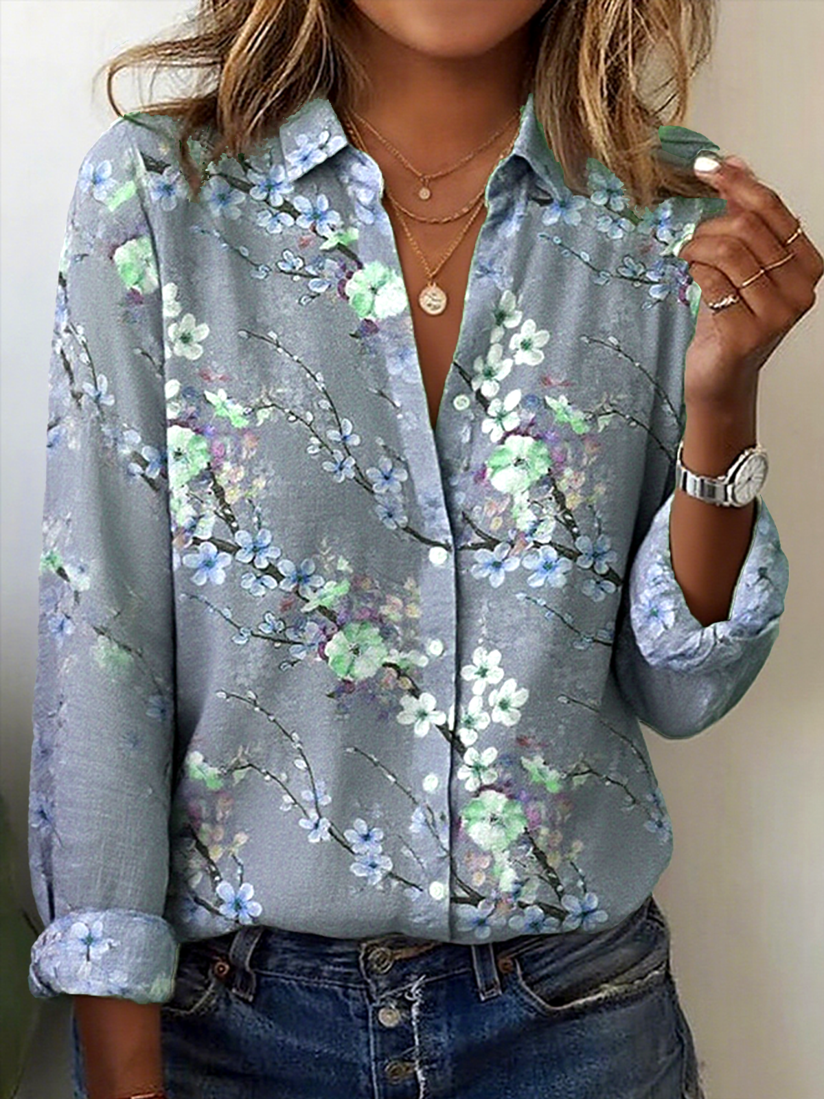 Shirt Collar Long Sleeve Floral Regular Loose Shirt For Women