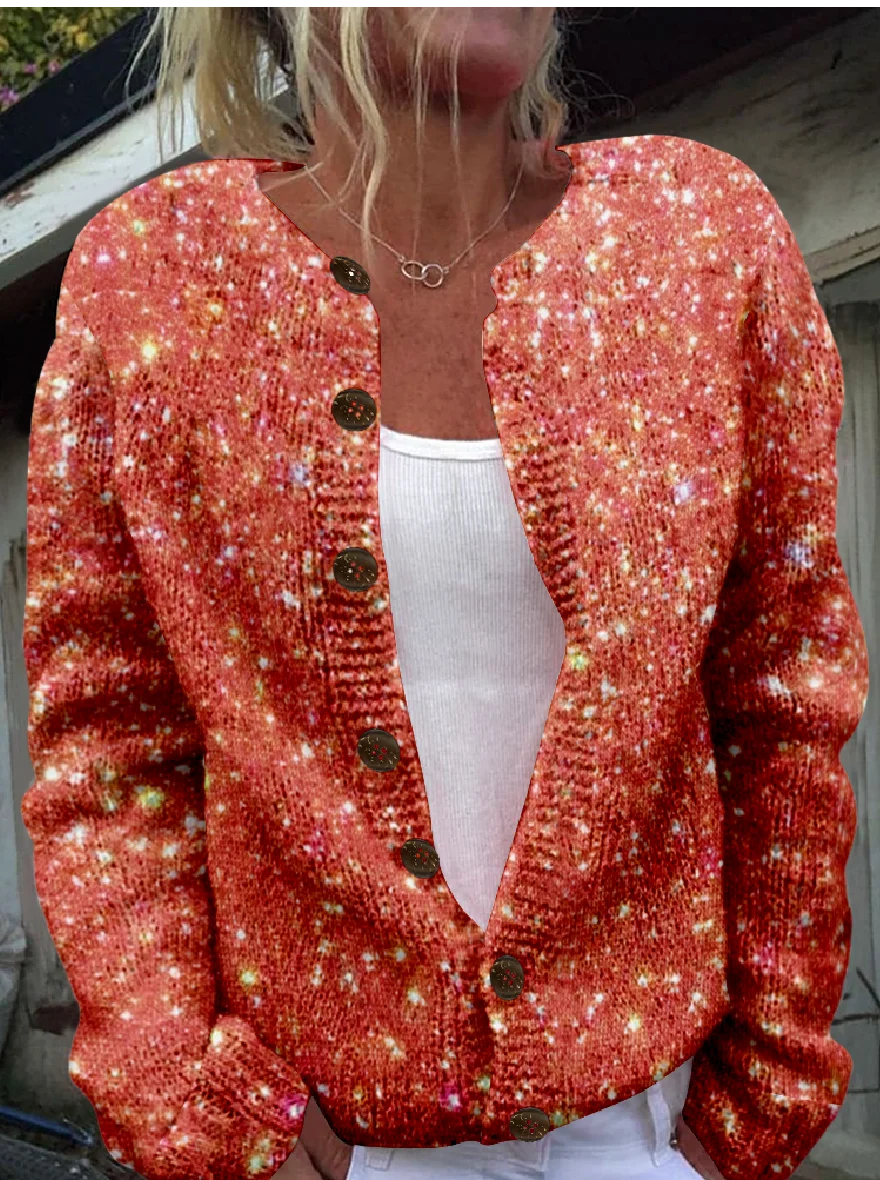 Women Knitted 3D Sequin Printing Long Sleeve Comfy Vintage Cardigan
