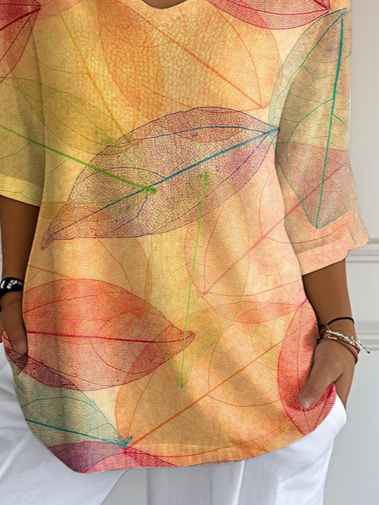 Casual Leaf V Neck Three Quarter Sleeve T-shirt