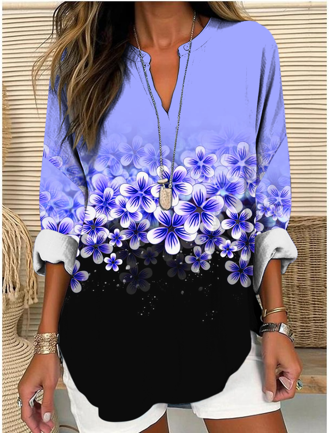 Shawl Collar Half Sleeve Floral Regular Loose Blouse For Women