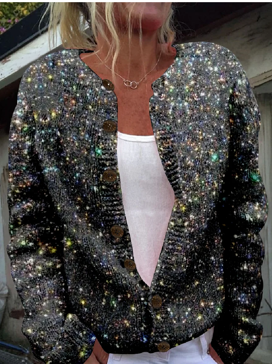 Women Knitted 3D Sequin Printing Long Sleeve Comfy Vintage Cardigan