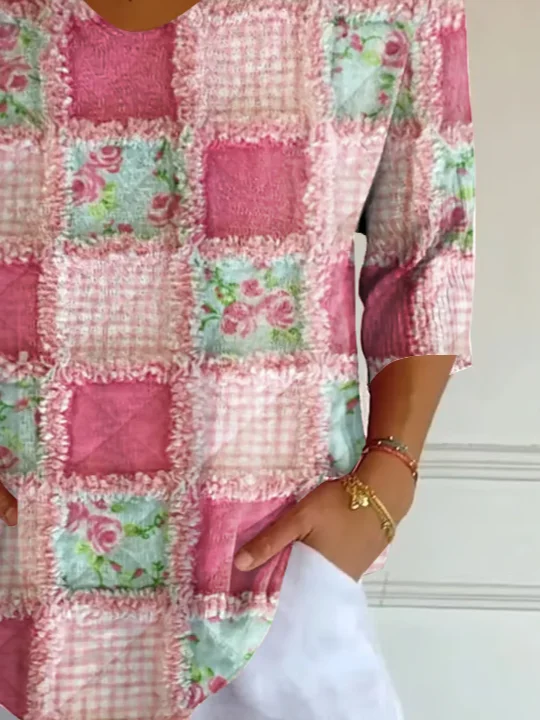 Casual Floral V Neck Three Quarter Sleeve T-shirt