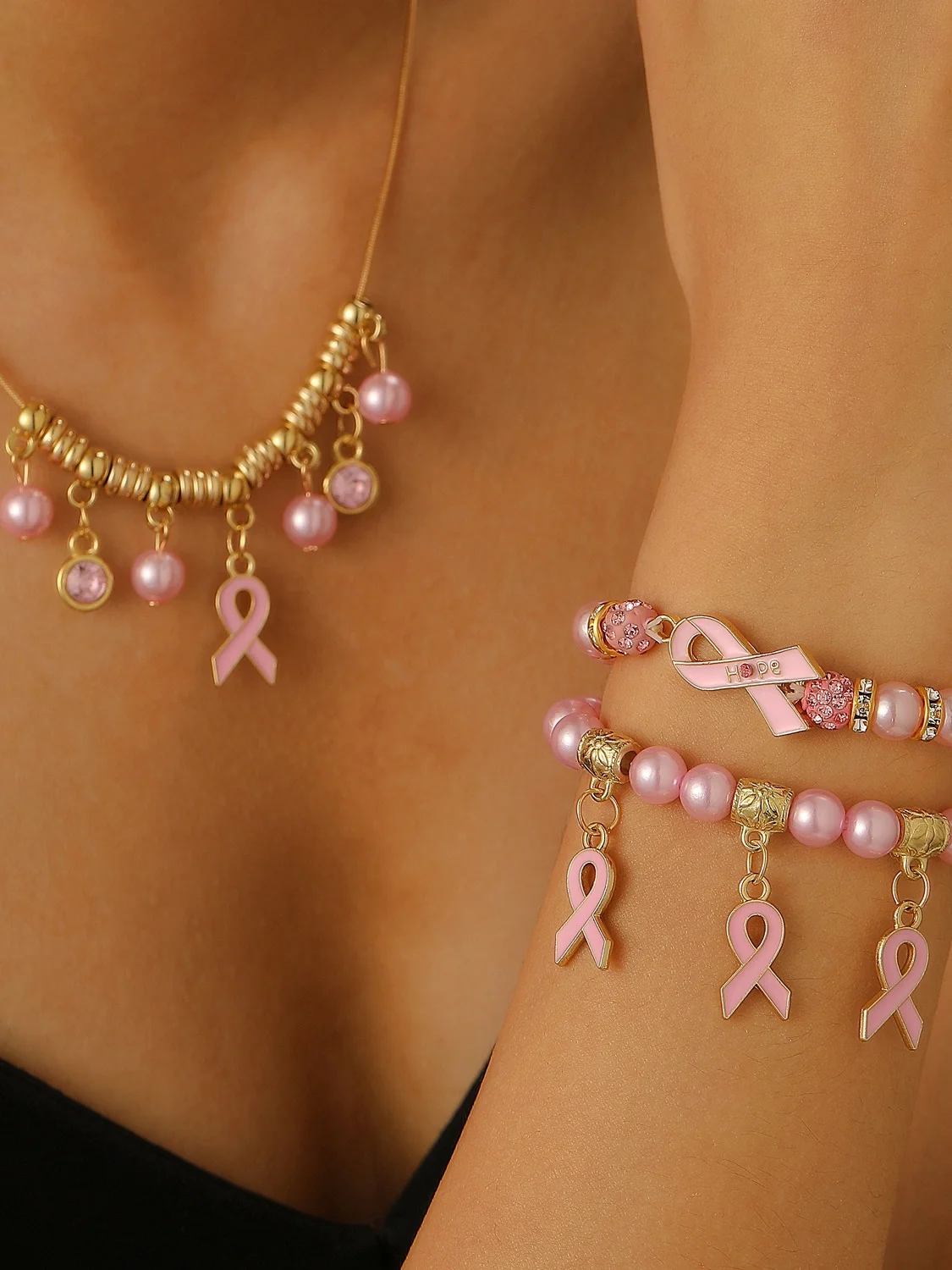 Breast Marker Real Gold Electroplated Pink Ribbon Women's Health Pearl Bracelet Necklace Set Ins Shambhala Jewelry