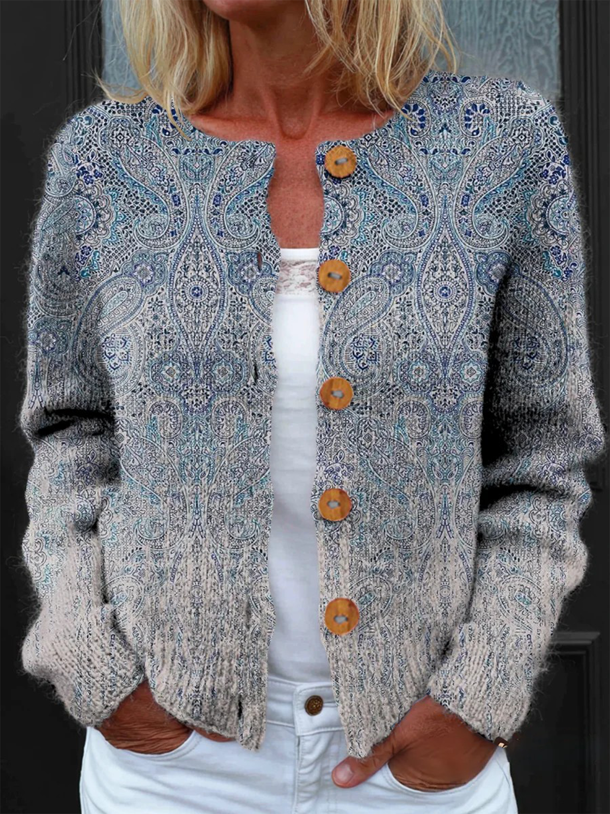 Women Knitted Floral Long Sleeve Comfy Vintage Cardigan