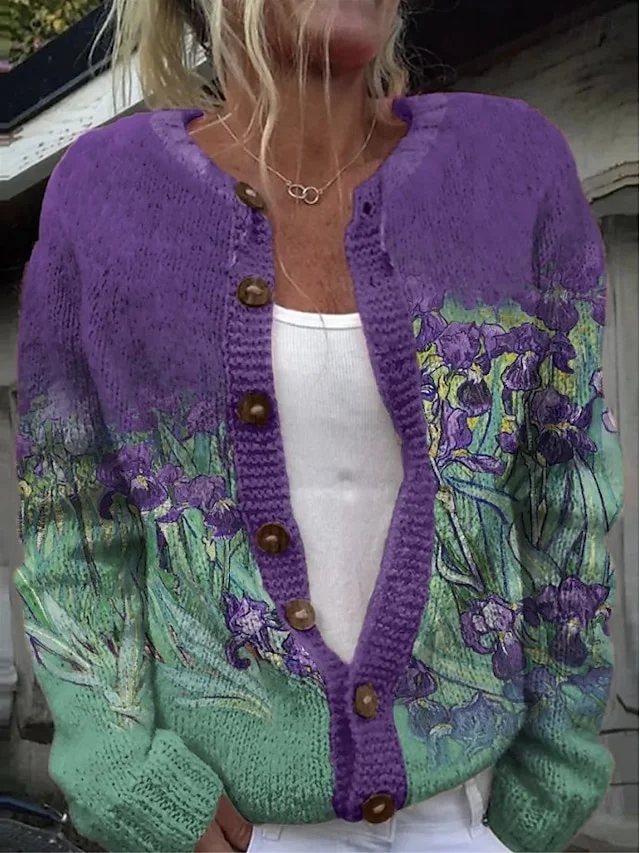 Women Wool/Knitting Floral Long Sleeve Comfy Casual Cardigan