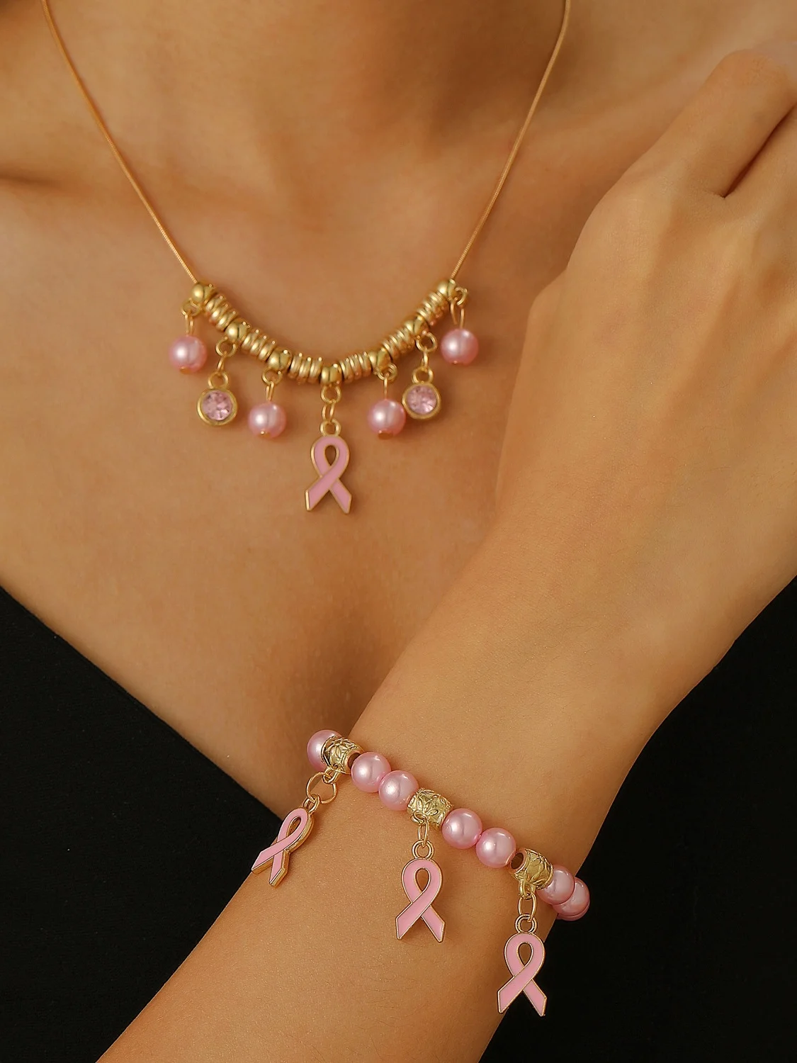 Breast Marker Real Gold Electroplated Pink Ribbon Women's Health Pearl Bracelet Necklace Set Ins Shambhala Jewelry