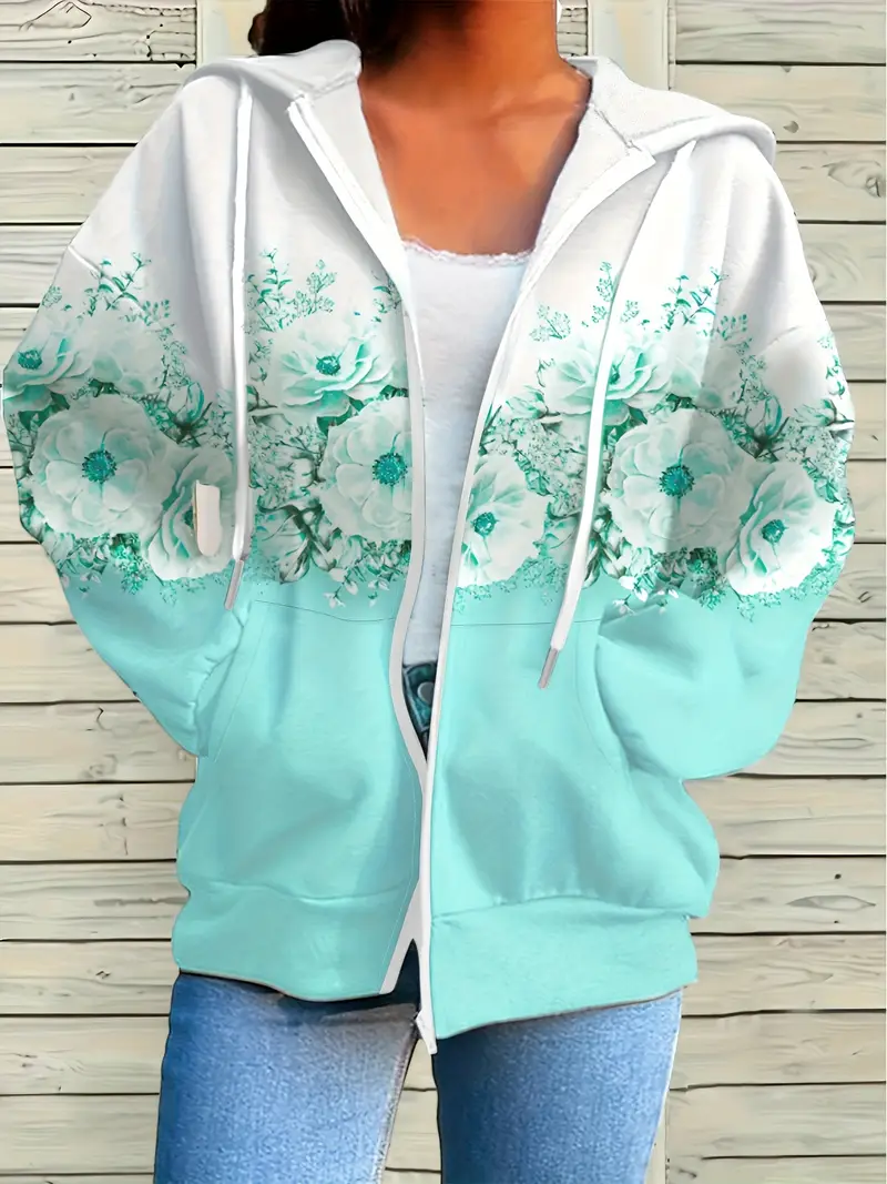 Women Spring/Fall Outerwear Casual Printing Floral Long Sleeve Hoodie Jacket