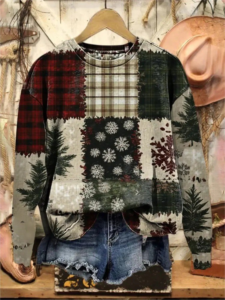 Christmas Vintage Plaid Print Crew Neck Sweatshirt