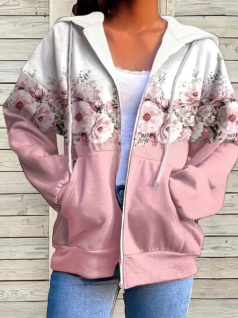 Women Spring/Fall Outerwear Casual Printing Floral Long Sleeve Hoodie Jacket