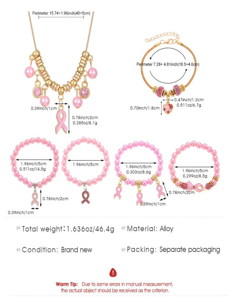 Breast Marker Real Gold Electroplated Pink Ribbon Women's Health Pearl Bracelet Necklace Set Ins Shambhala Jewelry