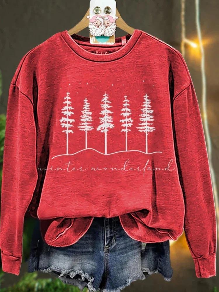 Vintage Crew Neck Christmas Tree Art Print Sweatshirt