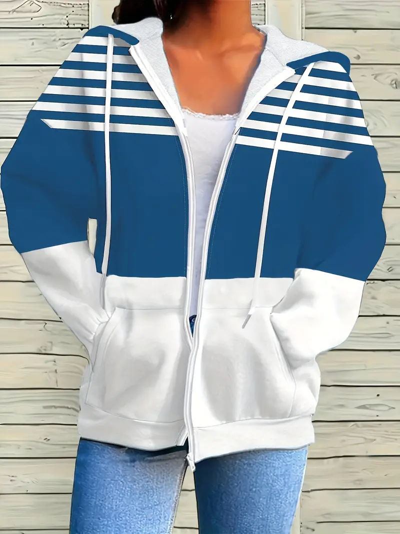 Women Spring/Fall Outerwear Casual Printing Striped Long Sleeve Hoodie Jacket