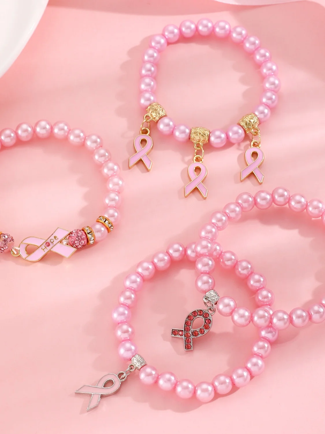 Breast Marker Real Gold Electroplated Pink Ribbon Women's Health Pearl Bracelet Necklace Set Ins Shambhala Jewelry