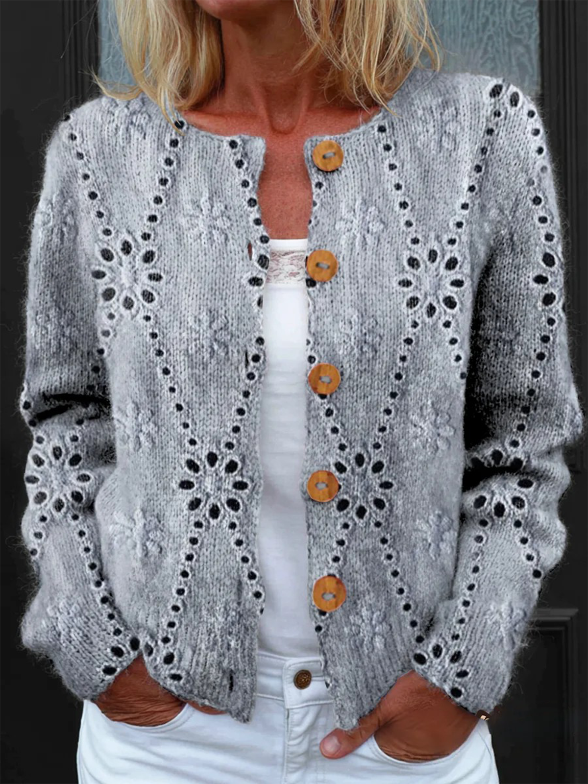 Women Knitted Geometric Long Sleeve Comfy Vintage Cardigan