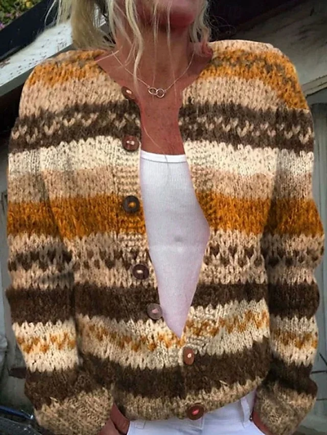 Women Wool/Knitting Striped Long Sleeve Comfy Casual Cardigan