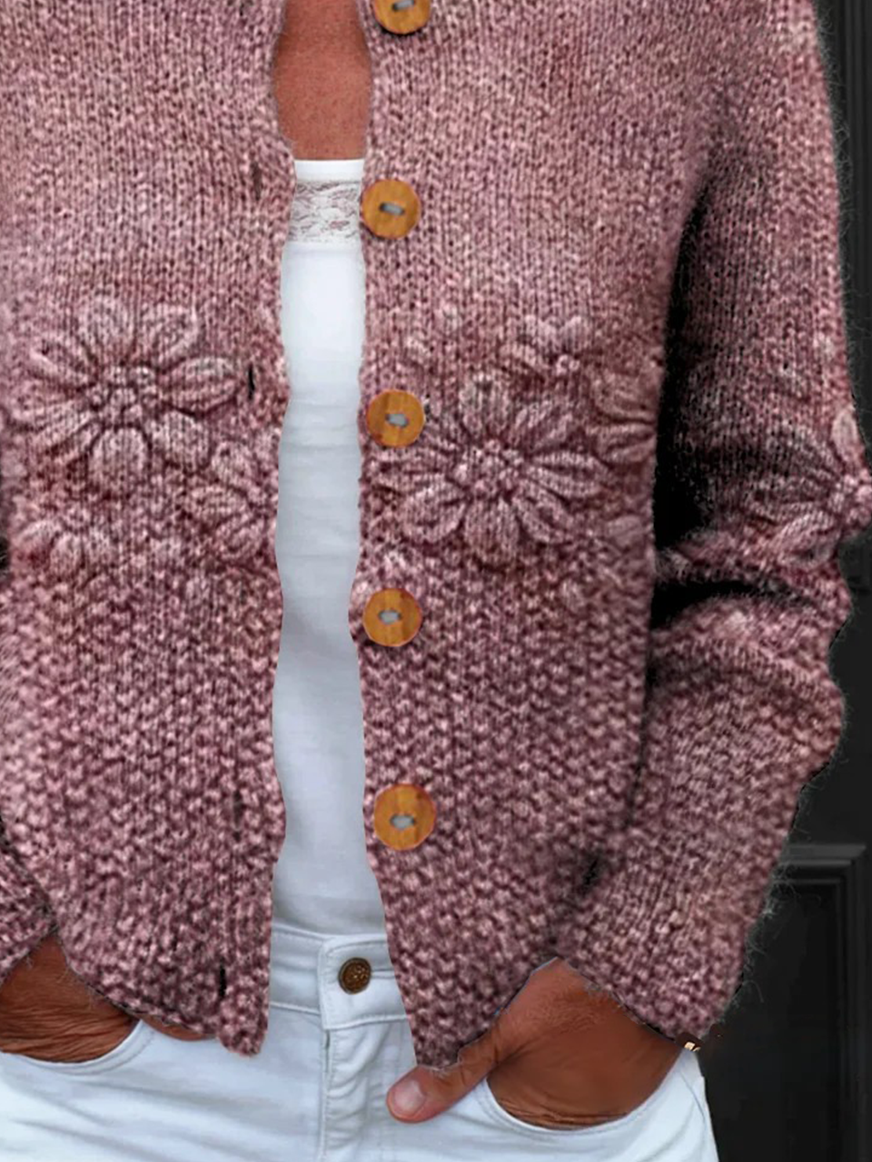 Women Knitted Floral Long Sleeve Comfy Vintage Cardigan