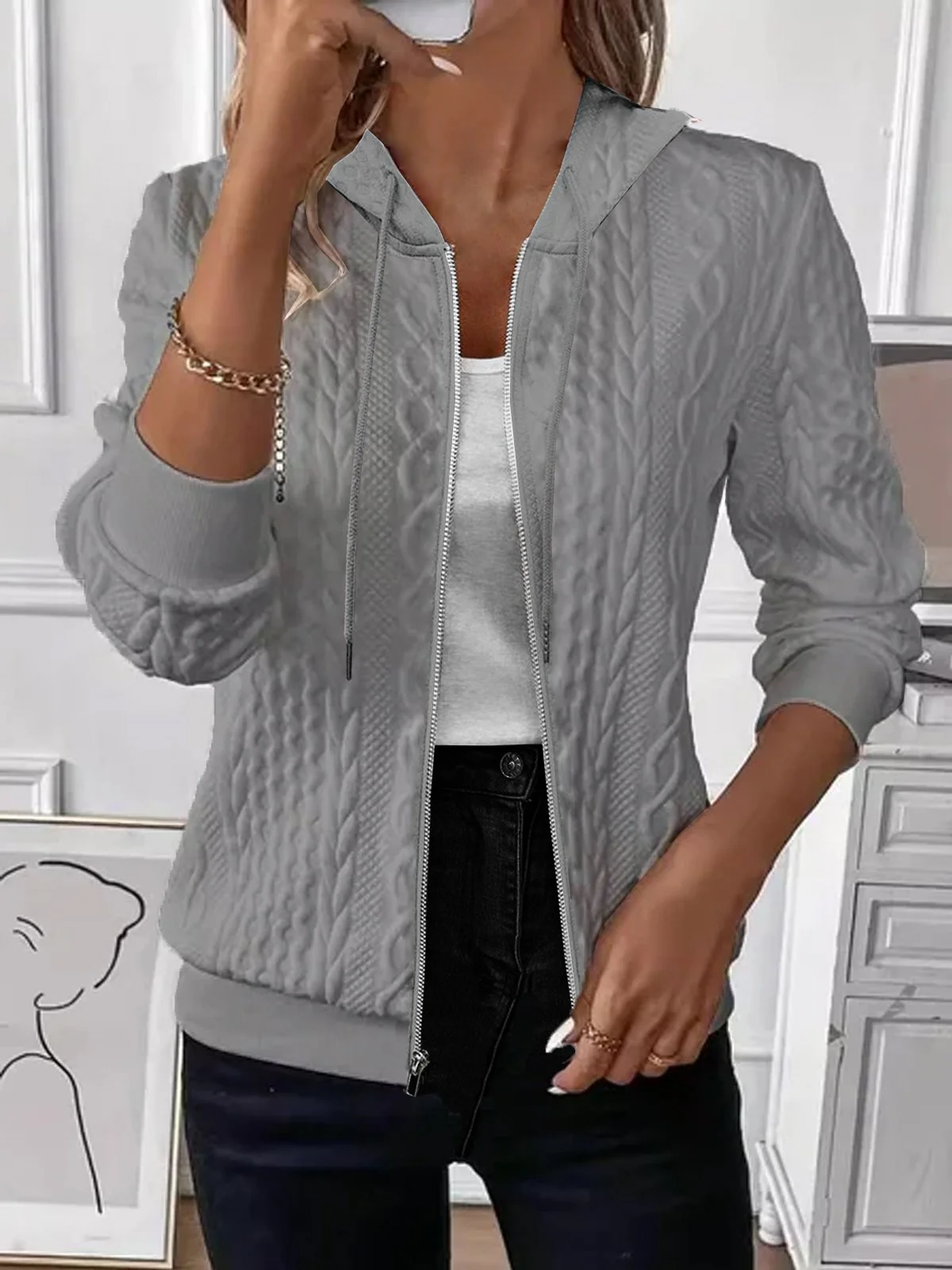 Women Spring/Fall Outerwear Vintage Jacquard Plain Long Sleeve Hoodie Jacket