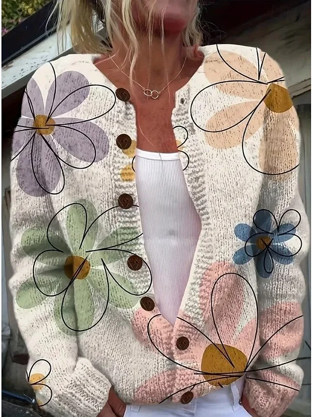Women Wool/Knitting Floral Long Sleeve Comfy Casual Cardigan