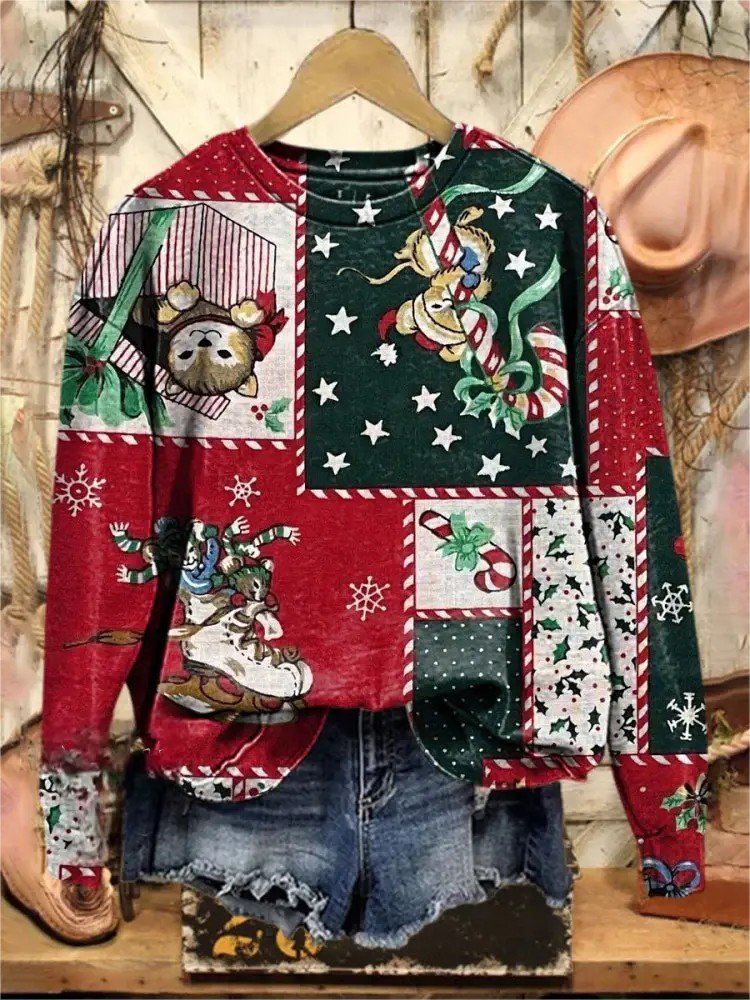 Christmas Vintage Plaid Print Crew Neck Sweatshirt