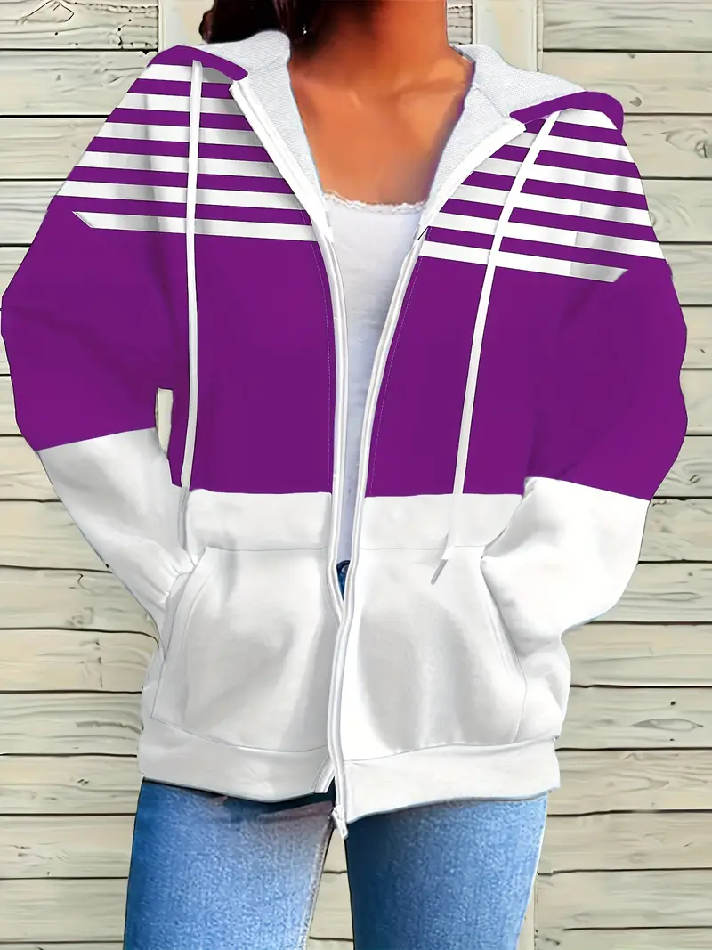 Women Spring/Fall Outerwear Casual Printing Striped Long Sleeve Hoodie Jacket