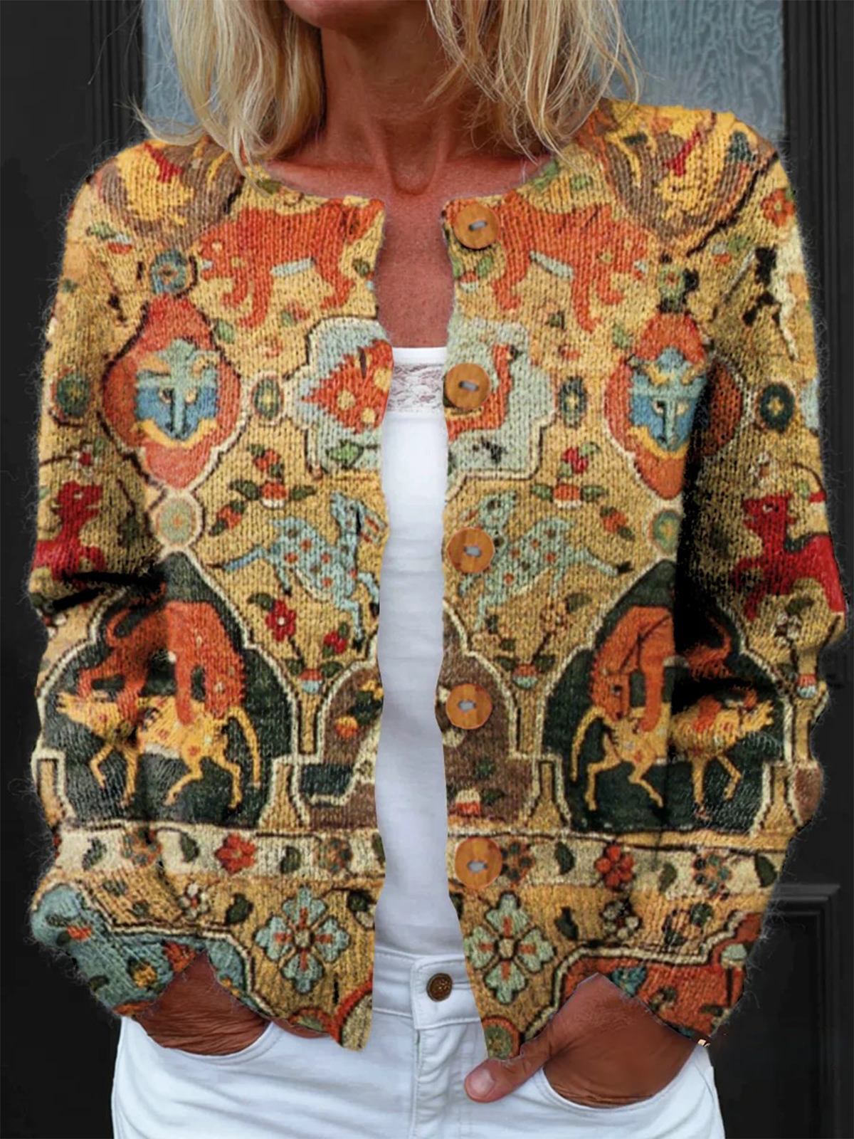 Women Knitted Geometric Long Sleeve Comfy Vintage Cardigan