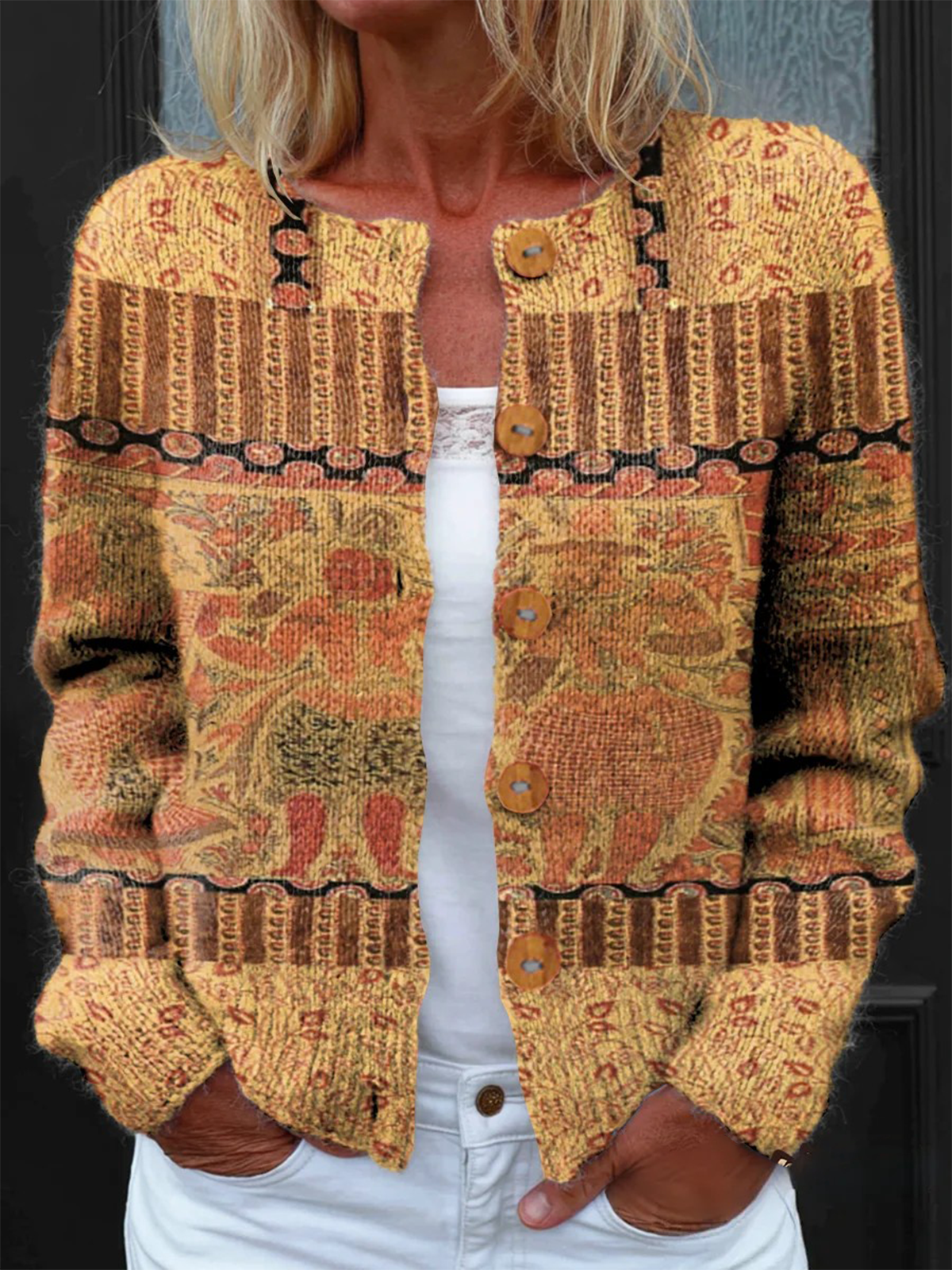 Women Knitted Geometric Long Sleeve Comfy Vintage Cardigan
