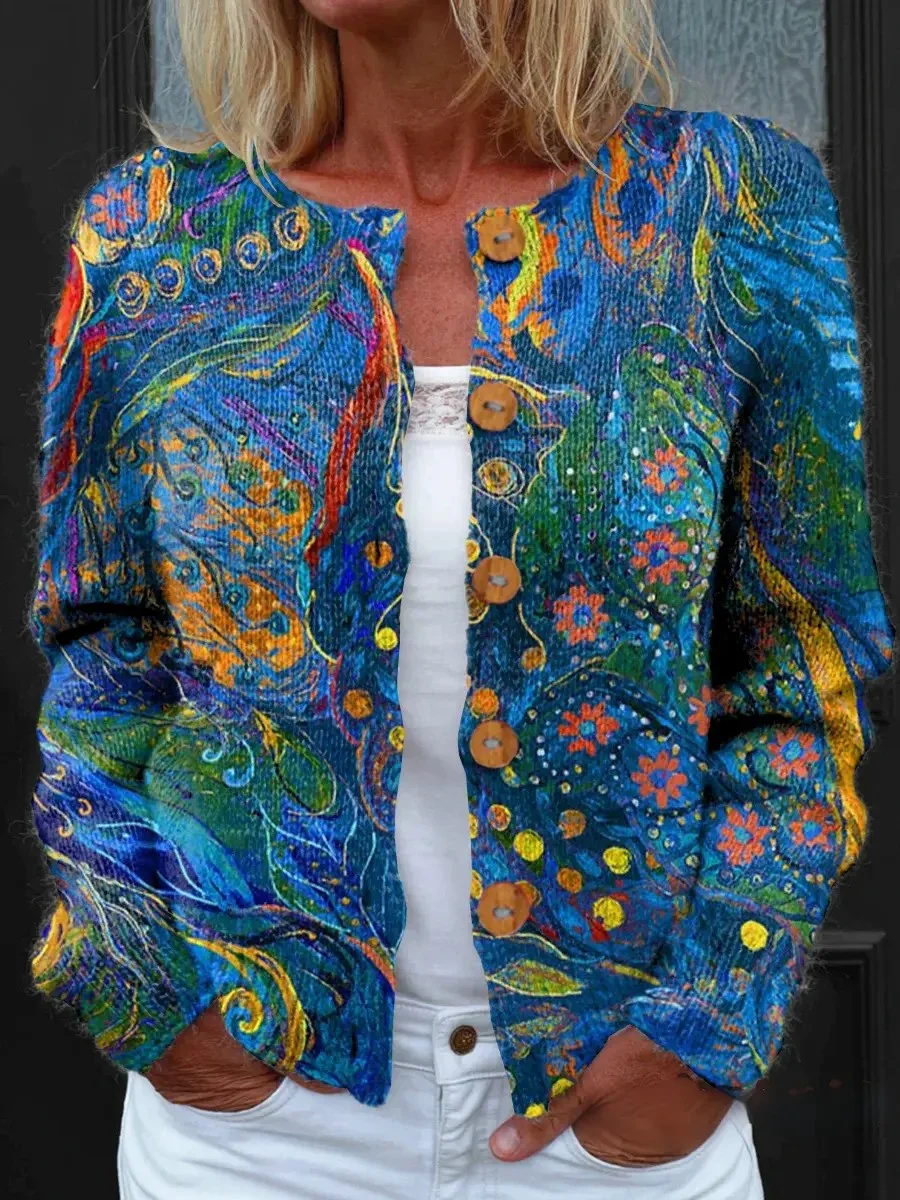 Women Knitted Geometric Long Sleeve Comfy Vintage Cardigan