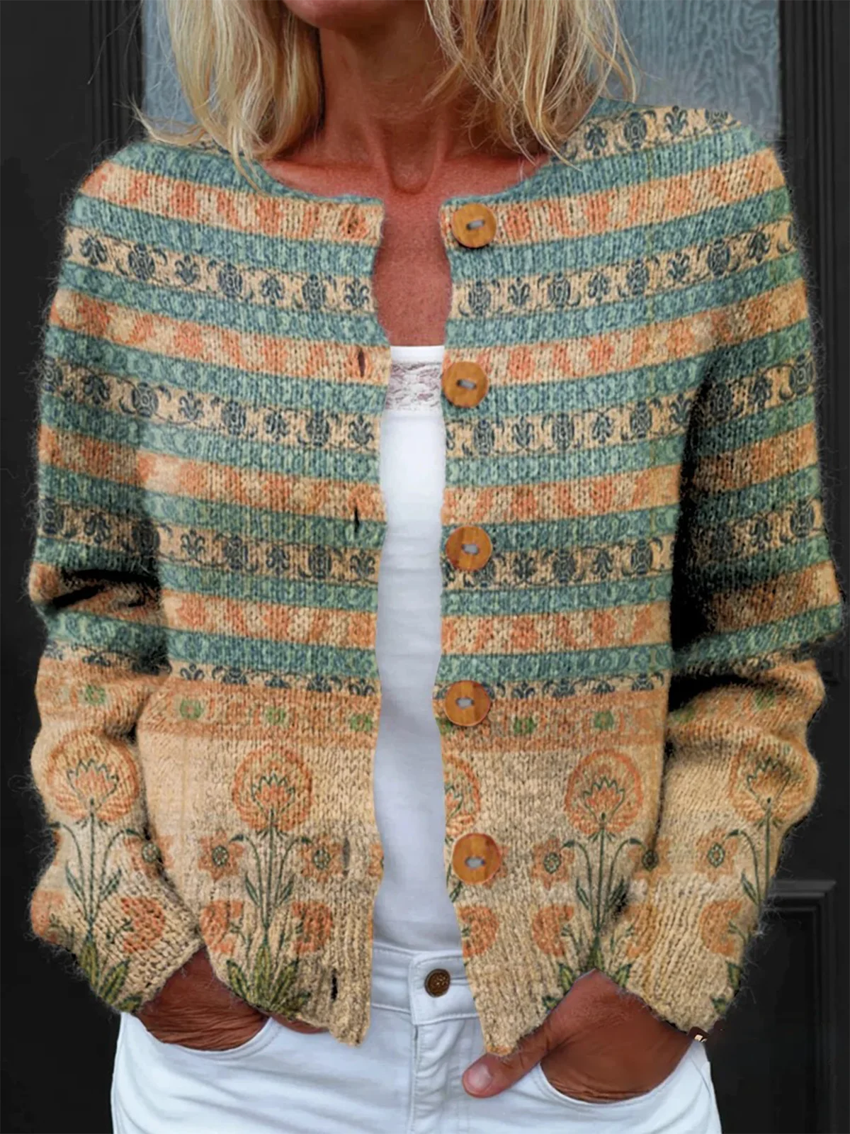 Women Knitted Geometric Long Sleeve Comfy Vintage Cardigan