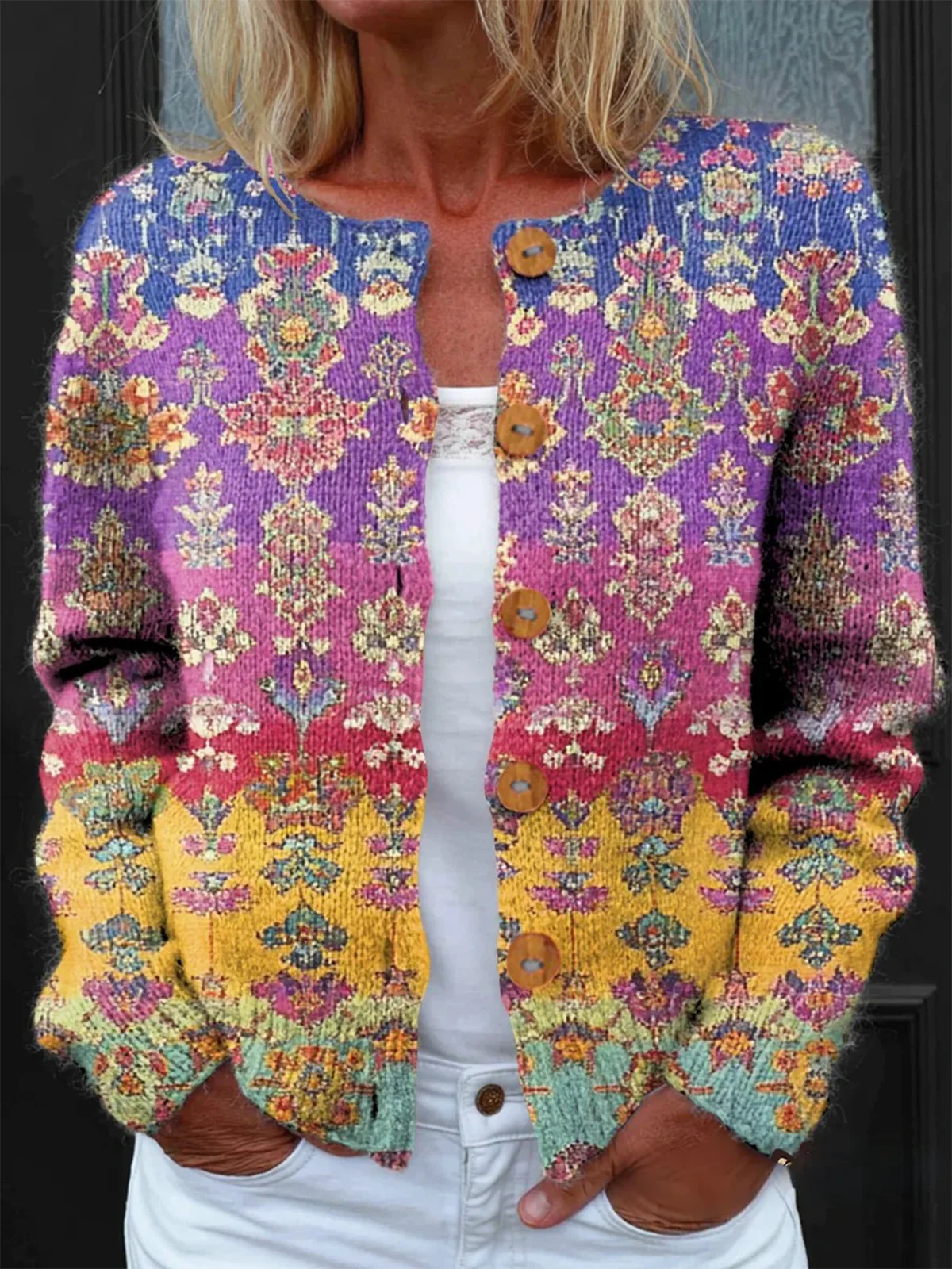Women Knitted Geometric Long Sleeve Comfy Vintage Cardigan