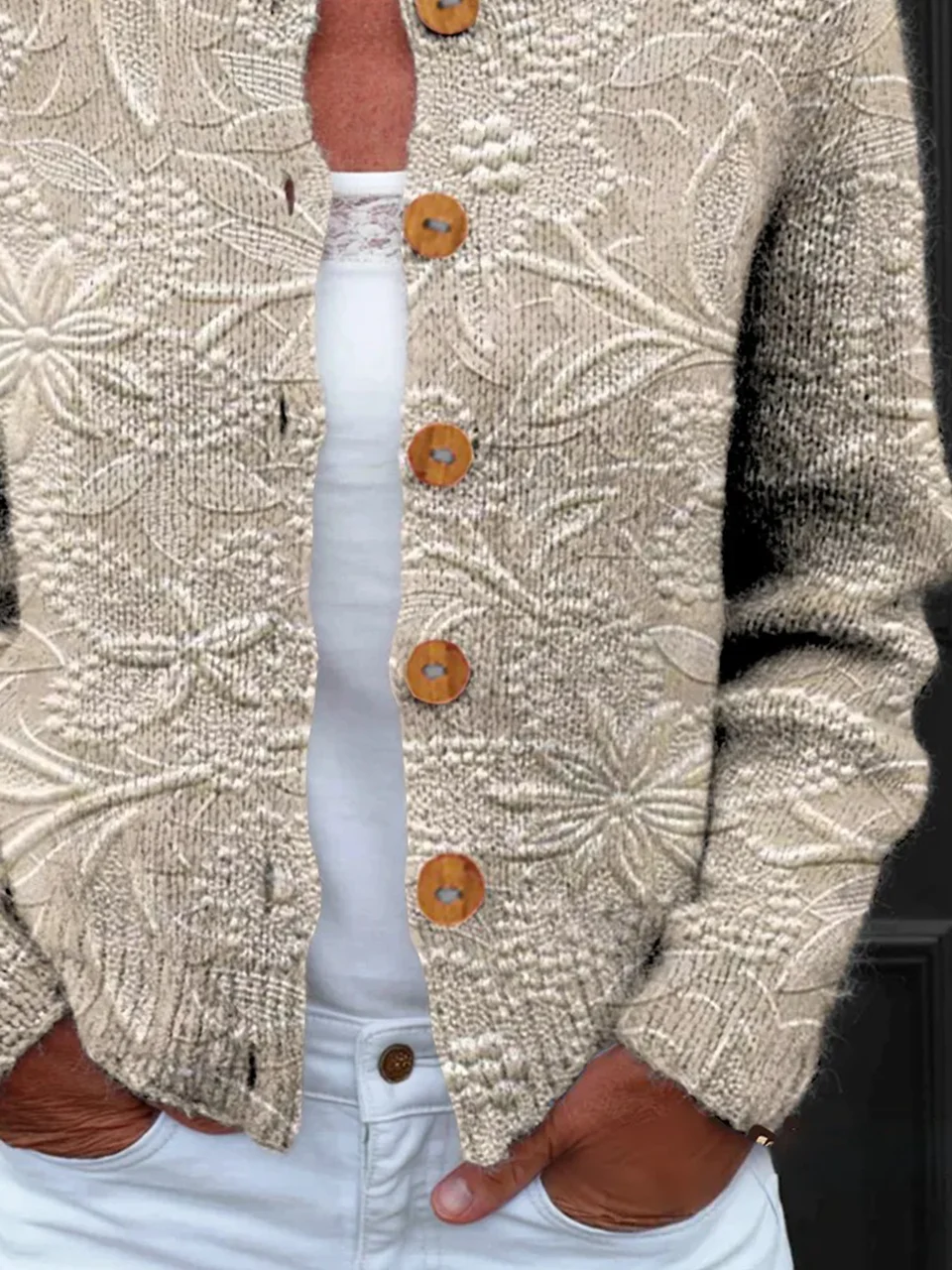 Women Knitted Floral Long Sleeve Comfy Vintage Cardigan