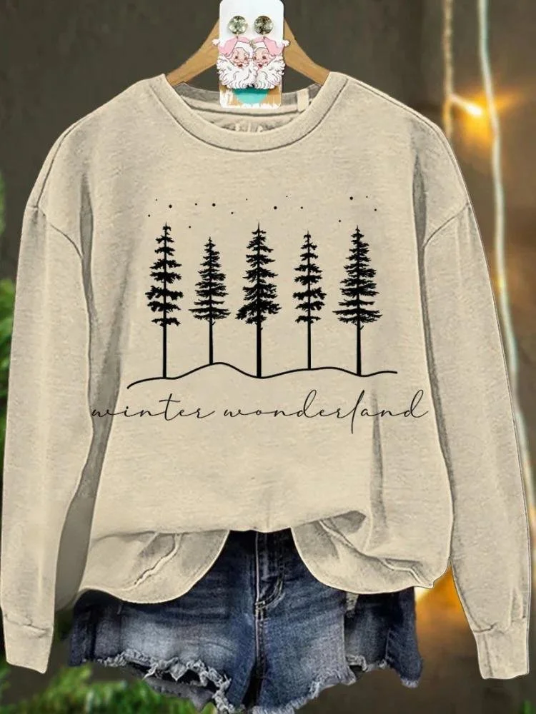 Vintage Crew Neck Christmas Tree Art Print Sweatshirt