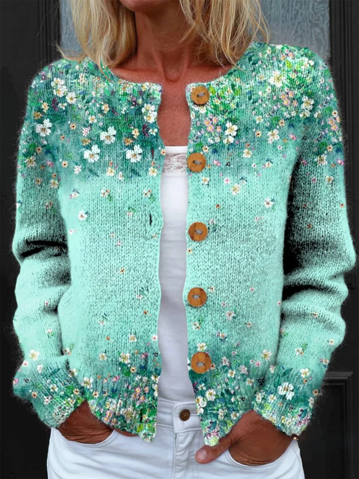 Women Knitted Floral Long Sleeve Comfy Vintage Cardigan