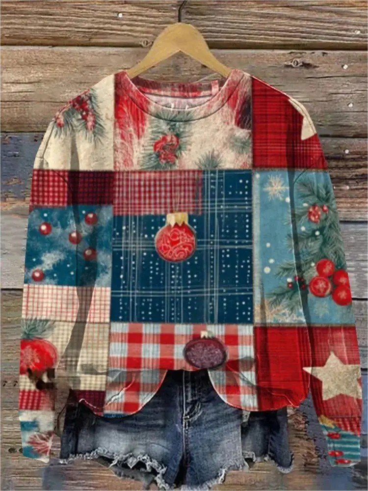 Christmas Vintage Plaid Print Crew Neck Sweatshirt