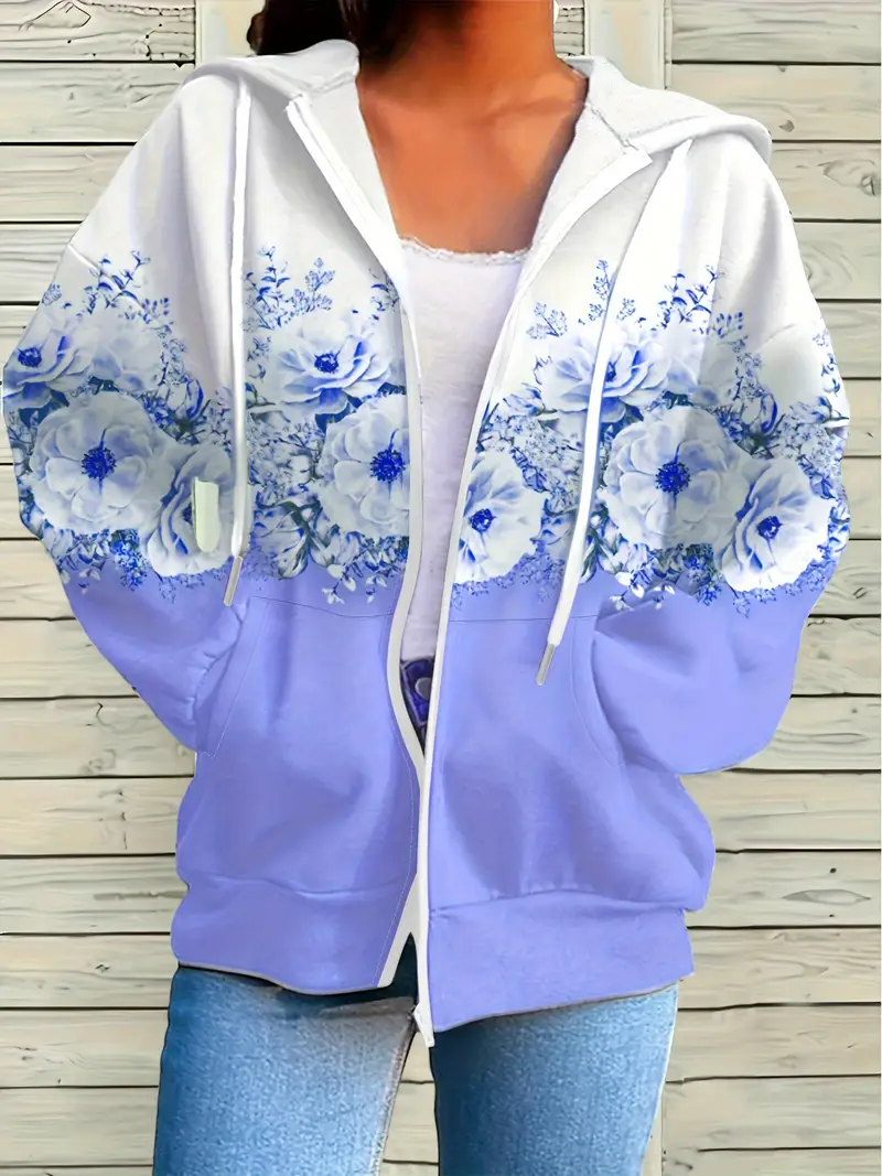 Women Spring/Fall Outerwear Casual Printing Floral Long Sleeve Hoodie Jacket