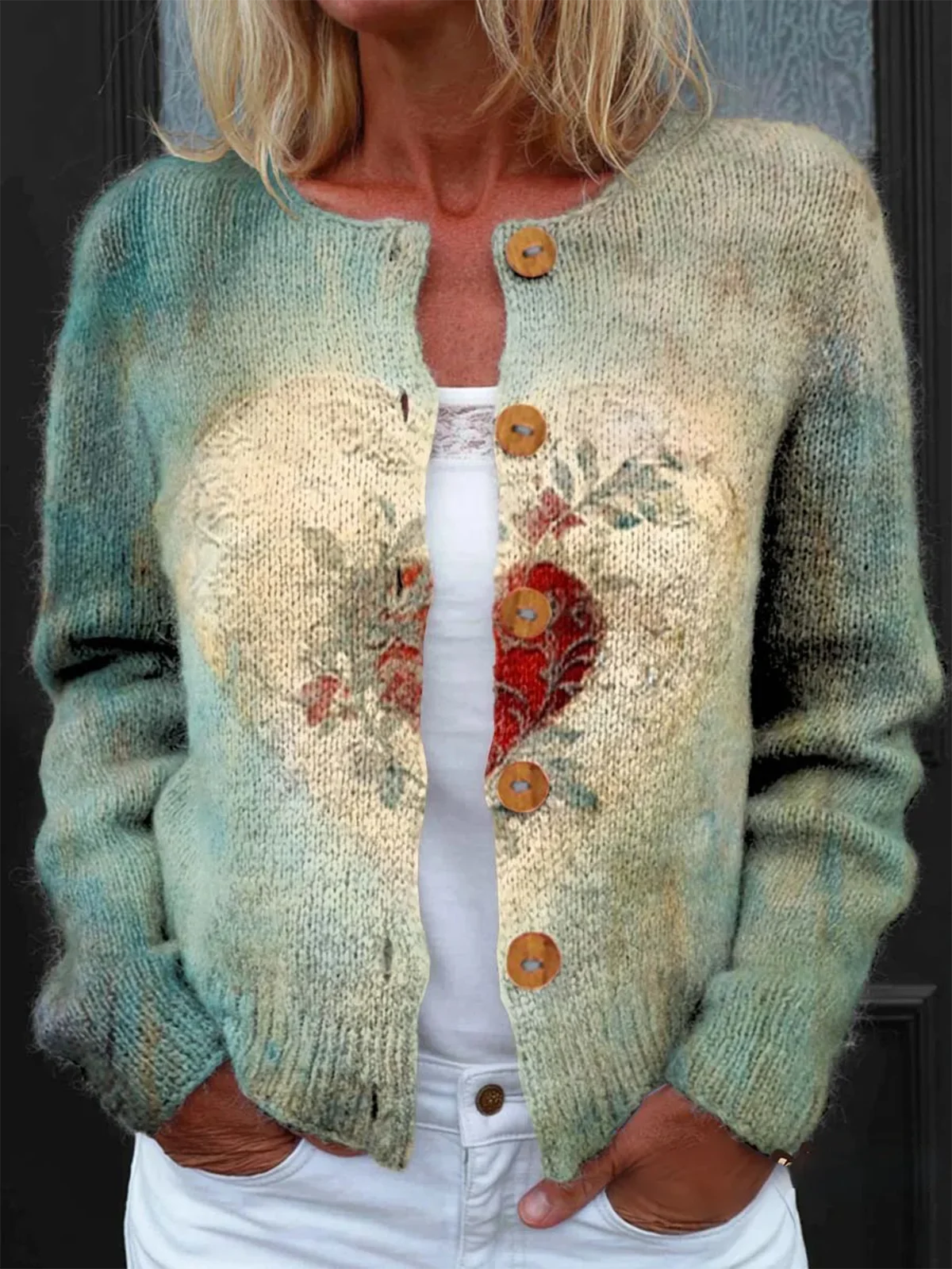 Women Knitted Geometric Long Sleeve Comfy Vintage Cardigan