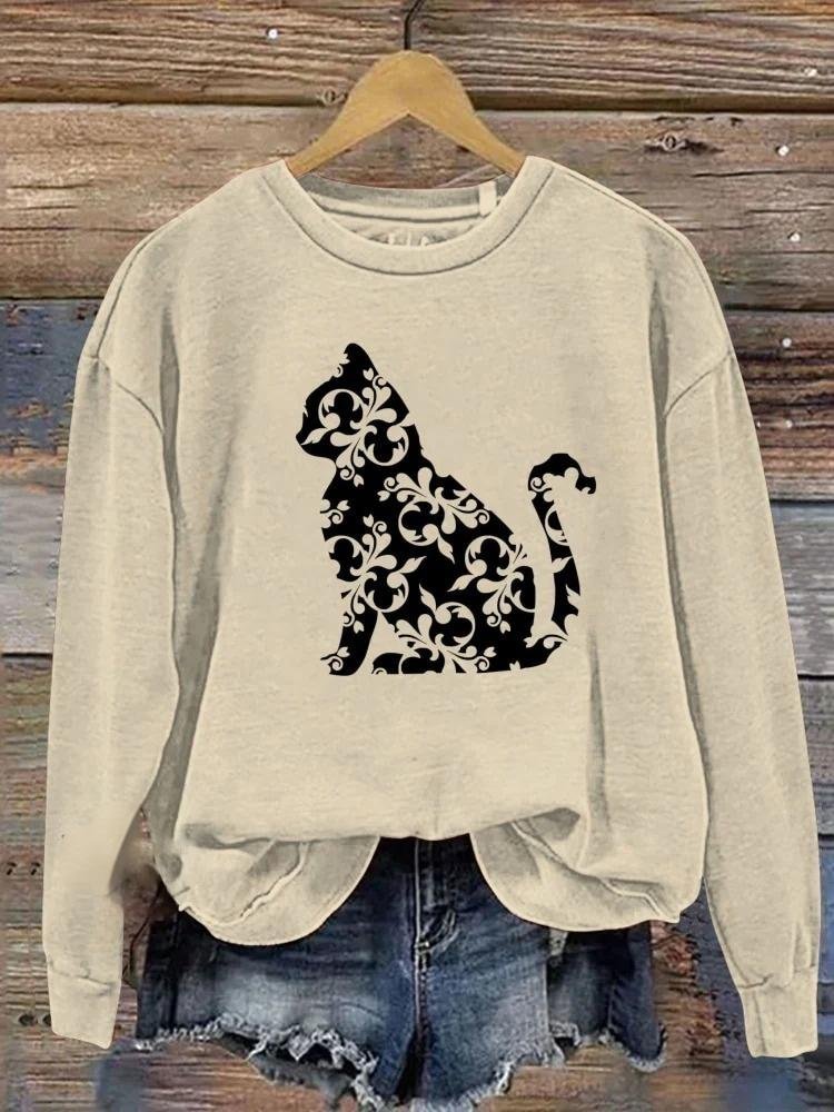 Vintage Cute Cat Art Print Crew Neck Comfy Sweatshirt