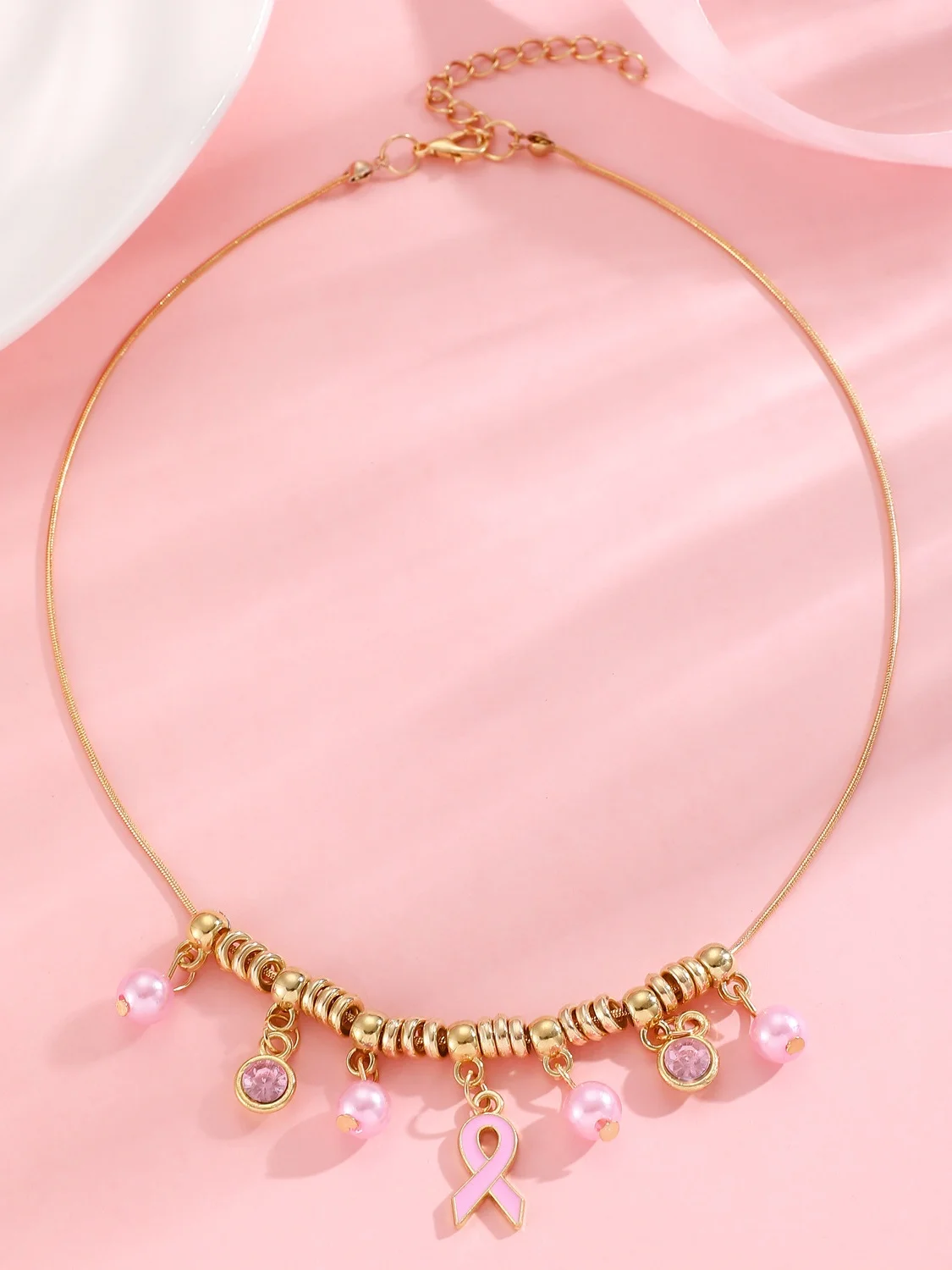 Breast Marker Real Gold Electroplated Pink Ribbon Women's Health Pearl Bracelet Necklace Set Ins Shambhala Jewelry