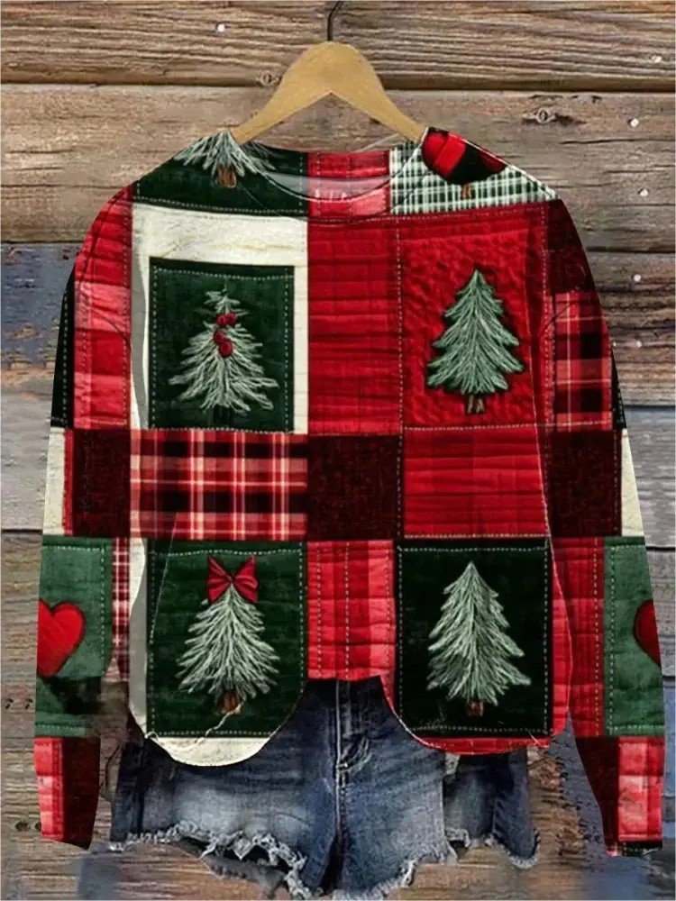 Christmas Vintage Plaid Print Crew Neck Sweatshirt