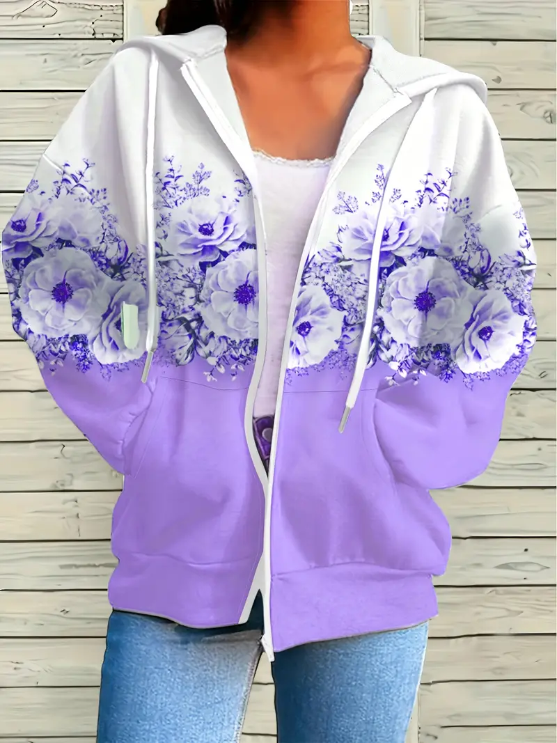 Women Spring/Fall Outerwear Casual Printing Floral Long Sleeve Hoodie Jacket