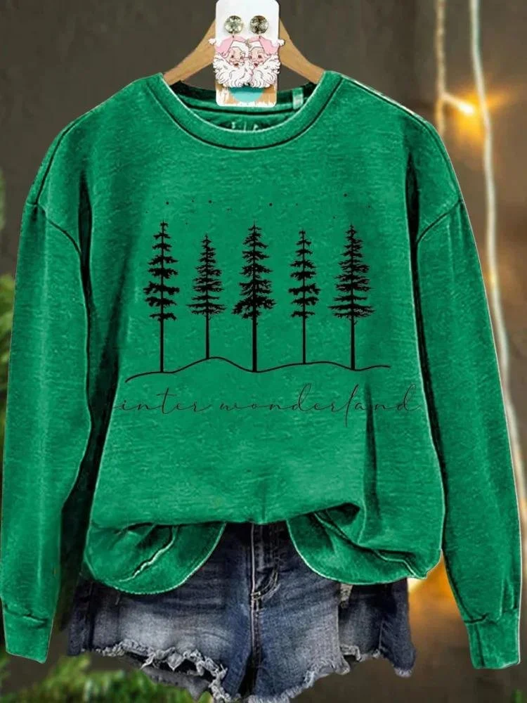 Vintage Crew Neck Christmas Tree Art Print Sweatshirt