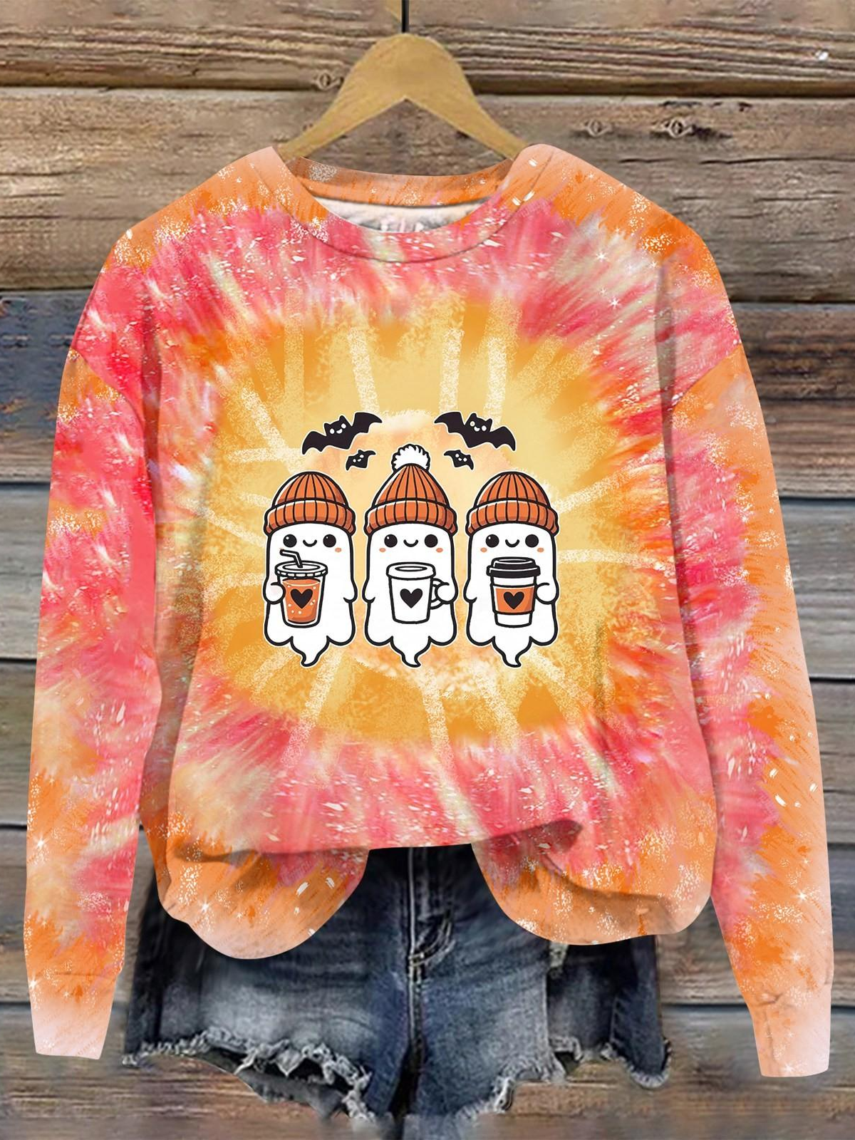 Halloween Cute Ghost Art Pattern Casual Crew Neck Sweatshirt