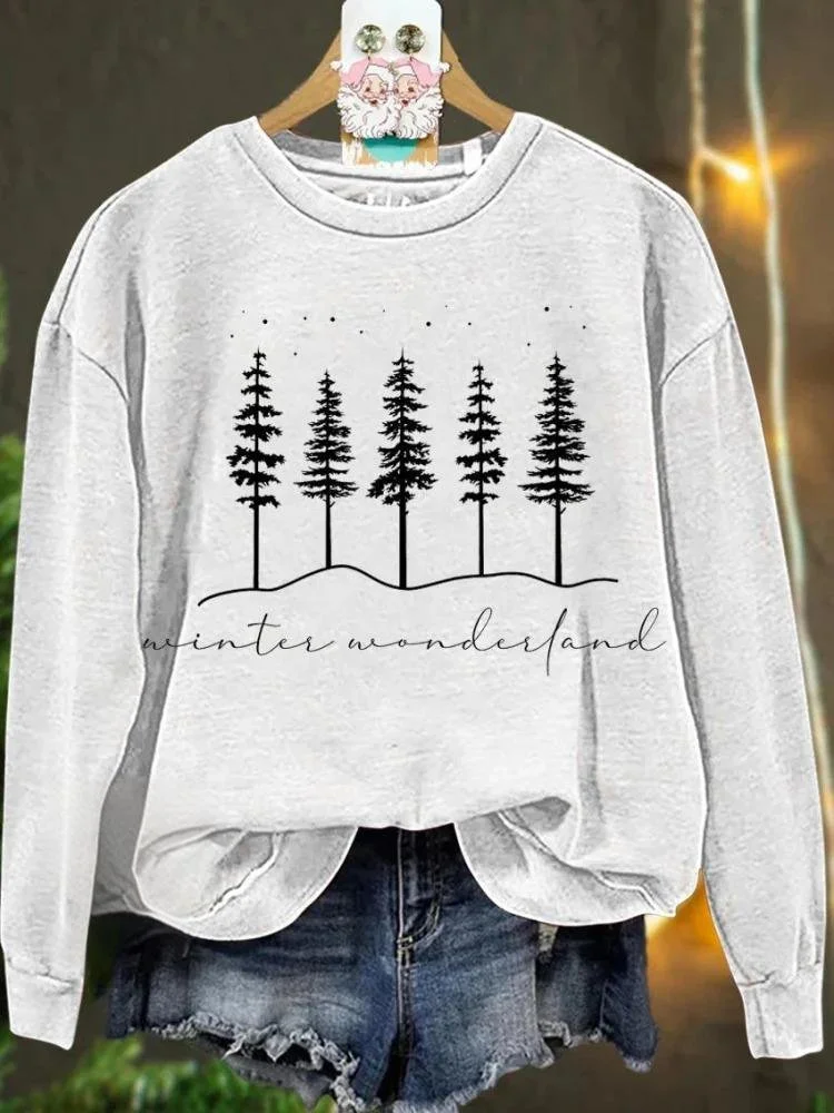 Vintage Crew Neck Christmas Tree Art Print Sweatshirt
